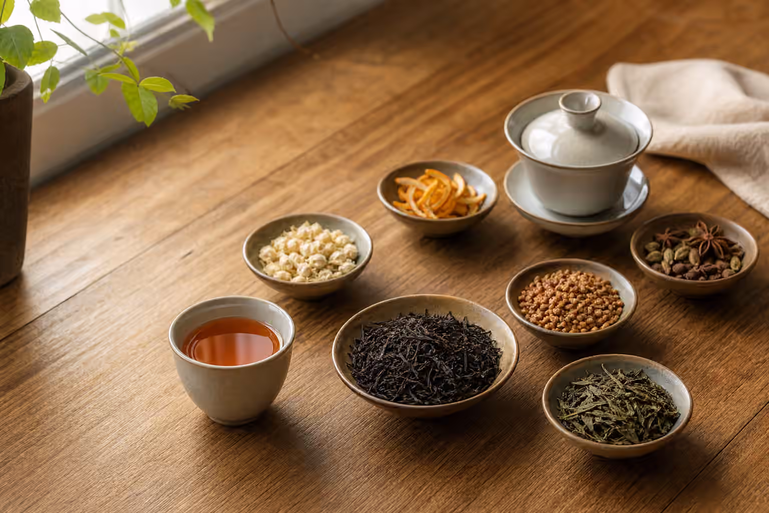 Bowls of tea leaves, jasmine blossoms, citrus peel, roasted rice, and spices beside a cup and gaiwan on a wooden table.