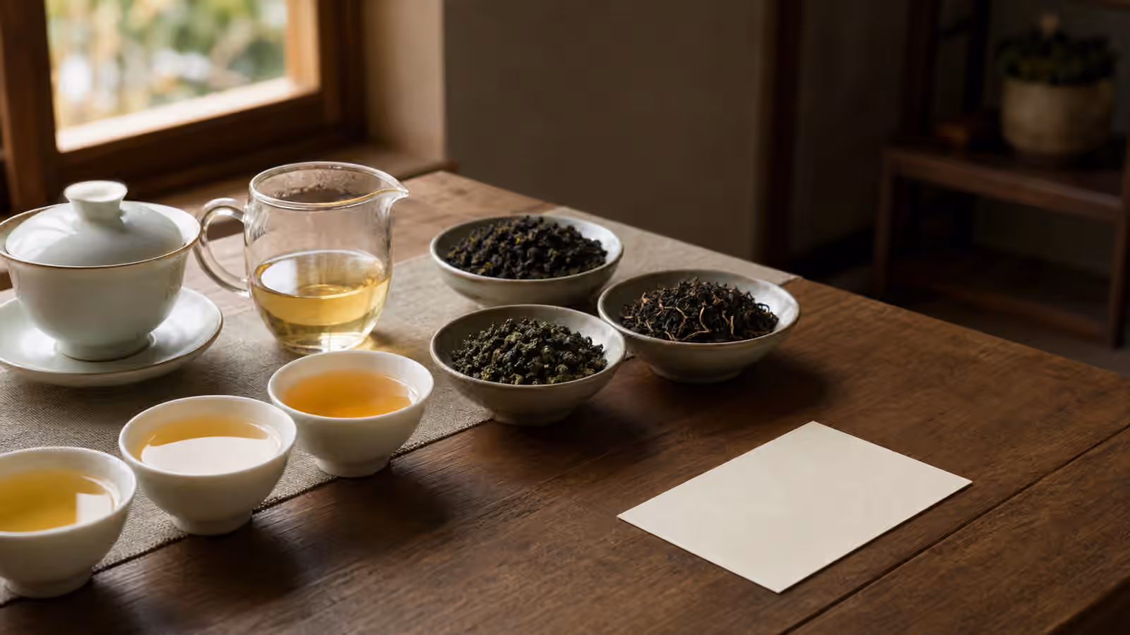 Taiwanese-style tea tasting table with a gaiwan, cups, pitcher, and bowls of loose oolong and black tea.