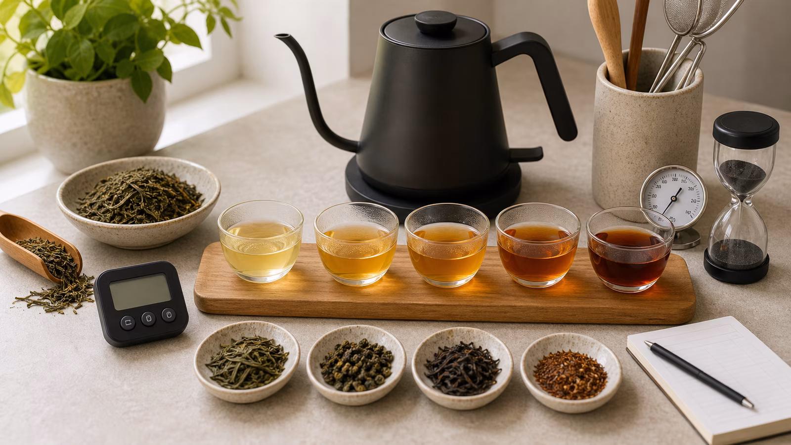 Kettle, thermometer, timer, brewed cups, loose leaves, and note card arranged for steeping control.