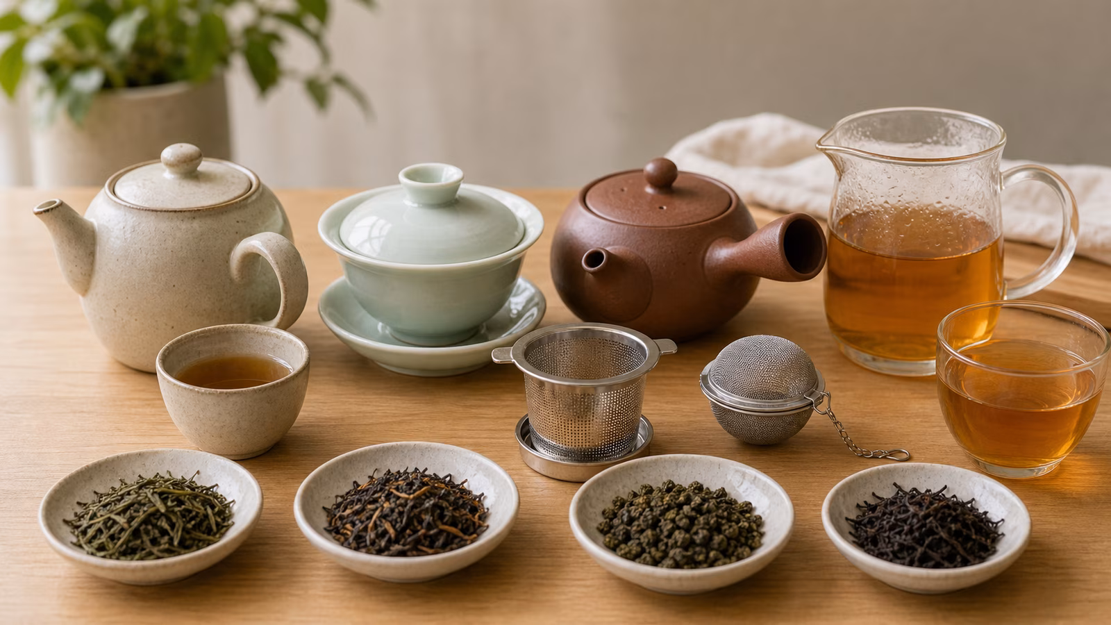 Teapot, gaiwan, kyusu, basket infuser, glass pitcher, and cups arranged around tea leaves.