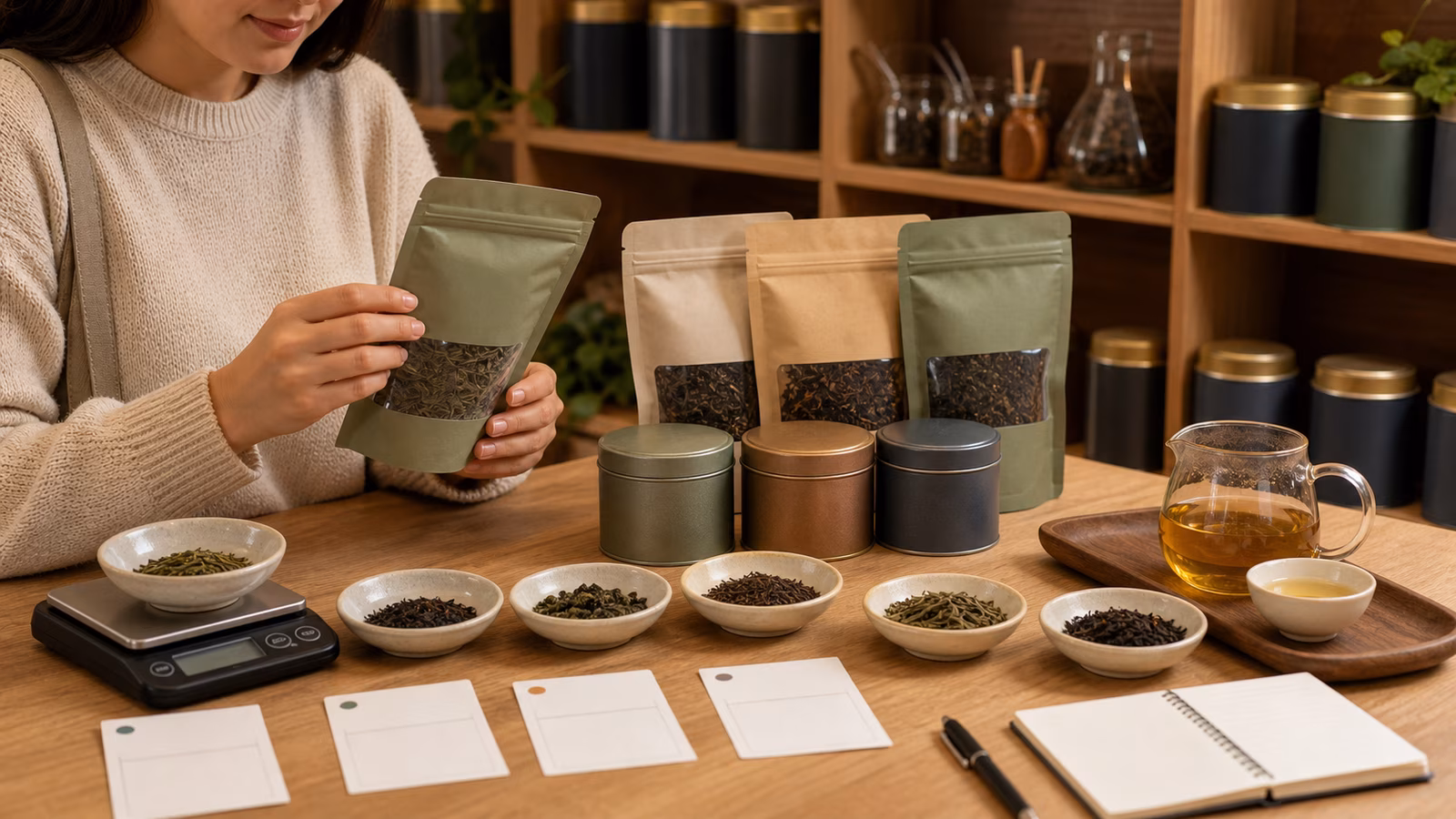Unbranded tea tins, sample bags, leaf bowls, scale, and blank tasting cards on a buying table.