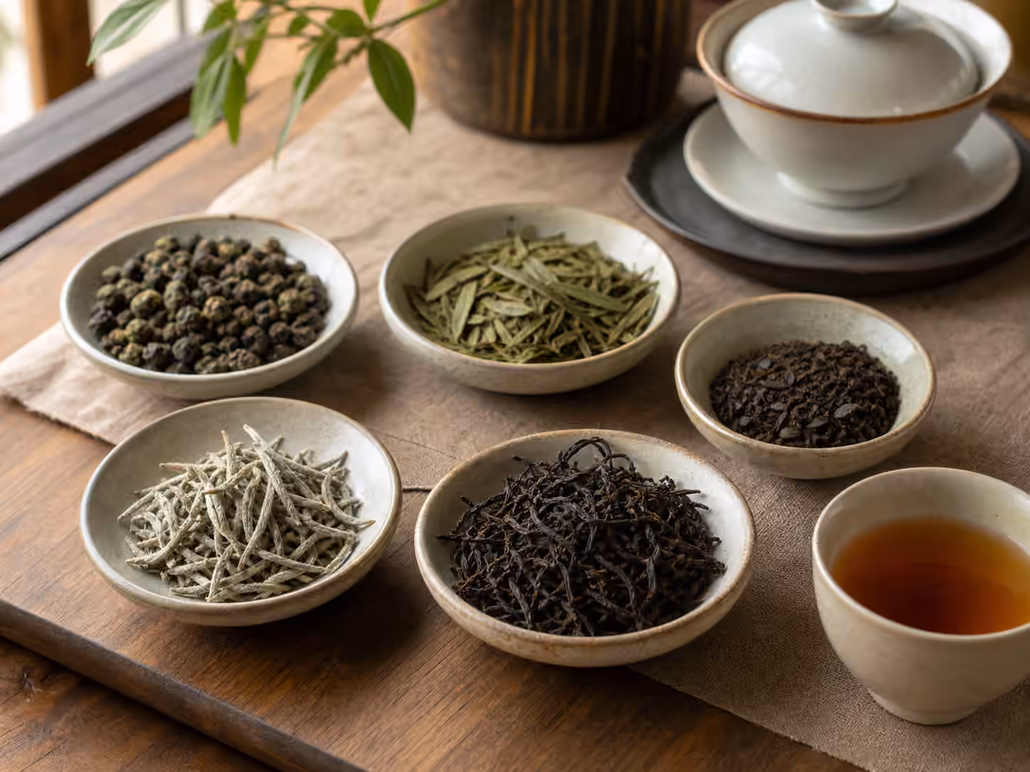Bowls of different loose tea leaf styles beside a gaiwan and brewed cup on a wooden table.
