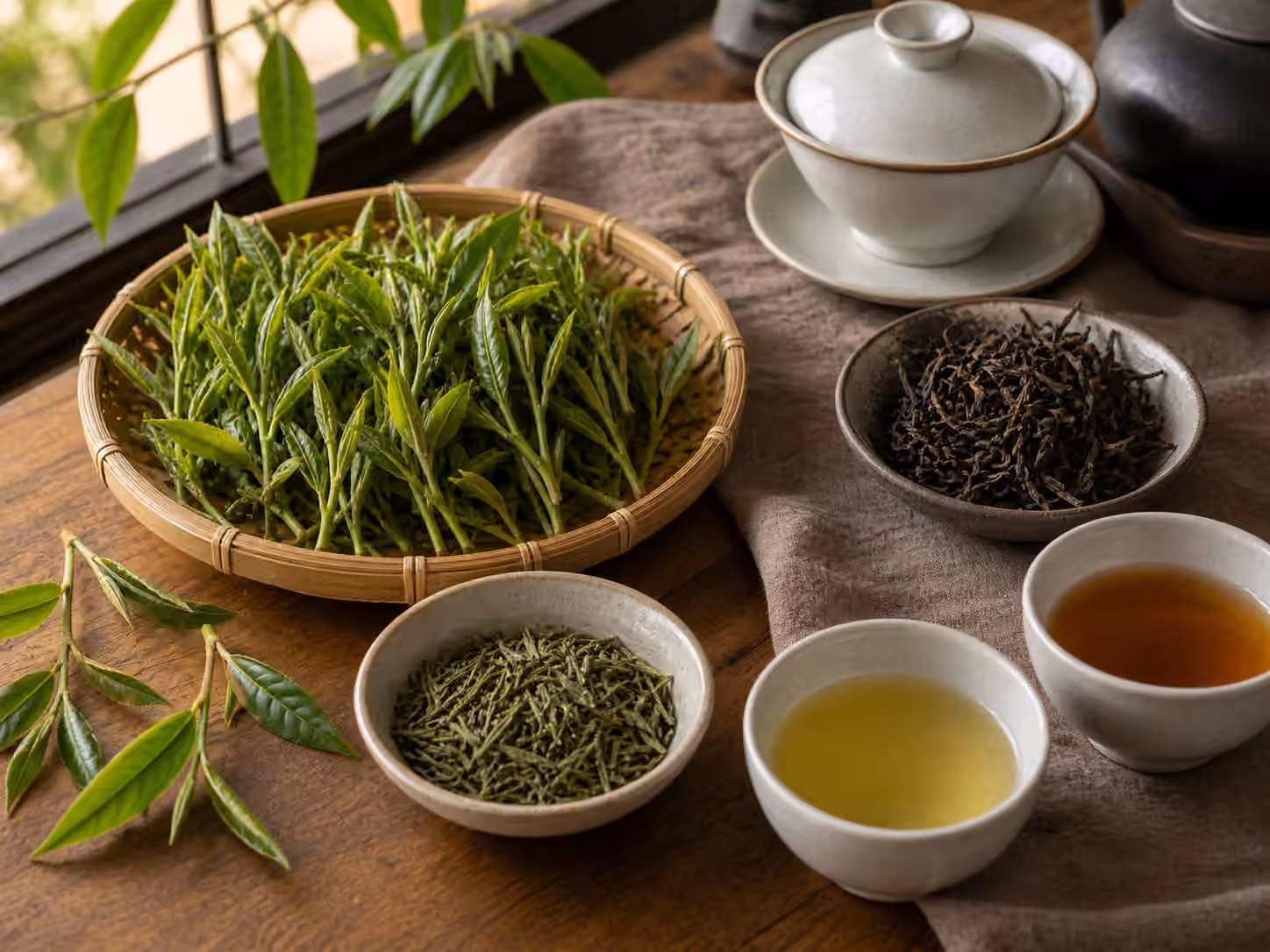 Fresh tea shoots, dried leaves, and brewed cups arranged on a wooden tea table.