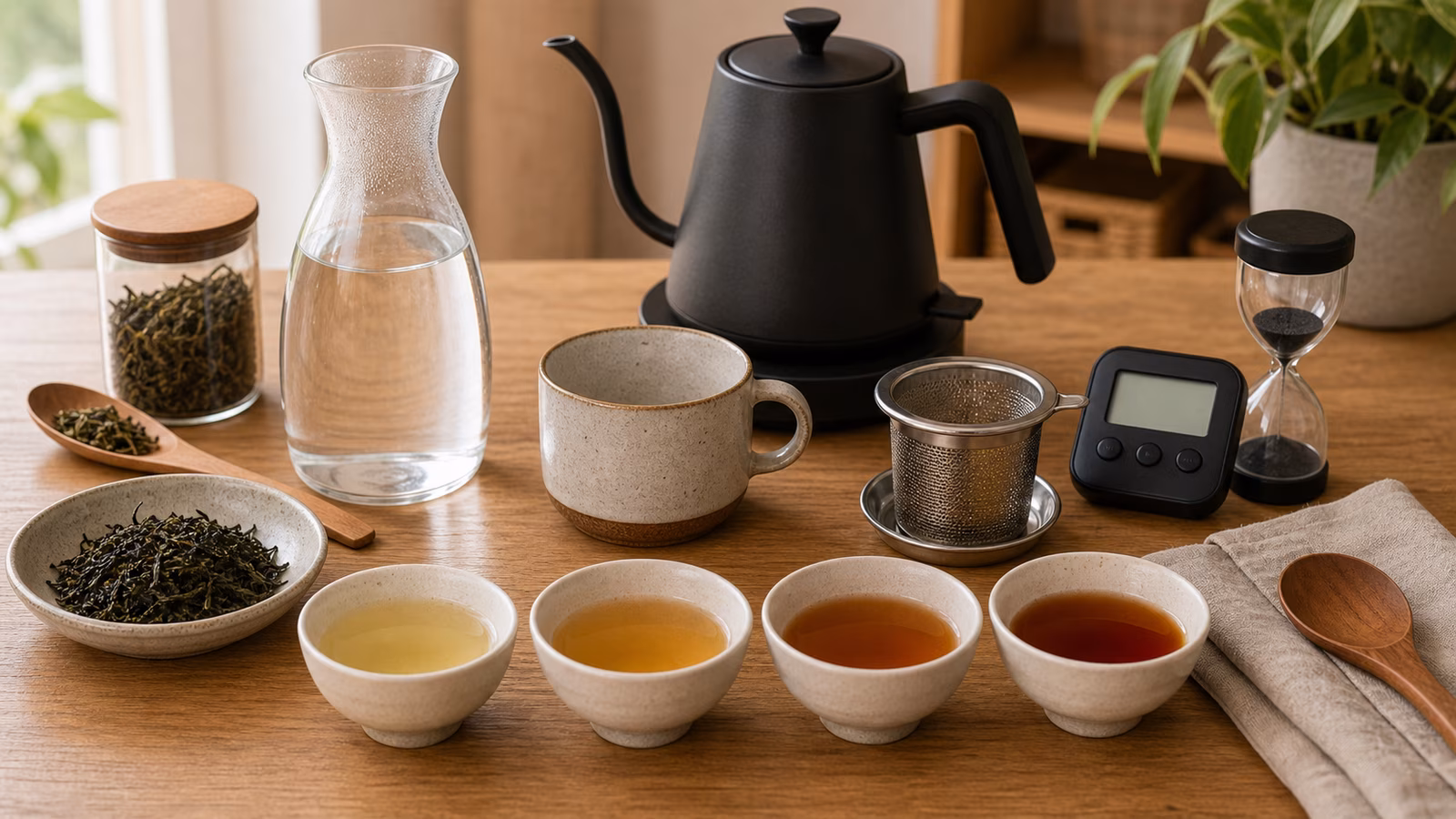Loose leaves, water carafe, kettle, timer, mug, infuser, and brewed cups for tea basics.