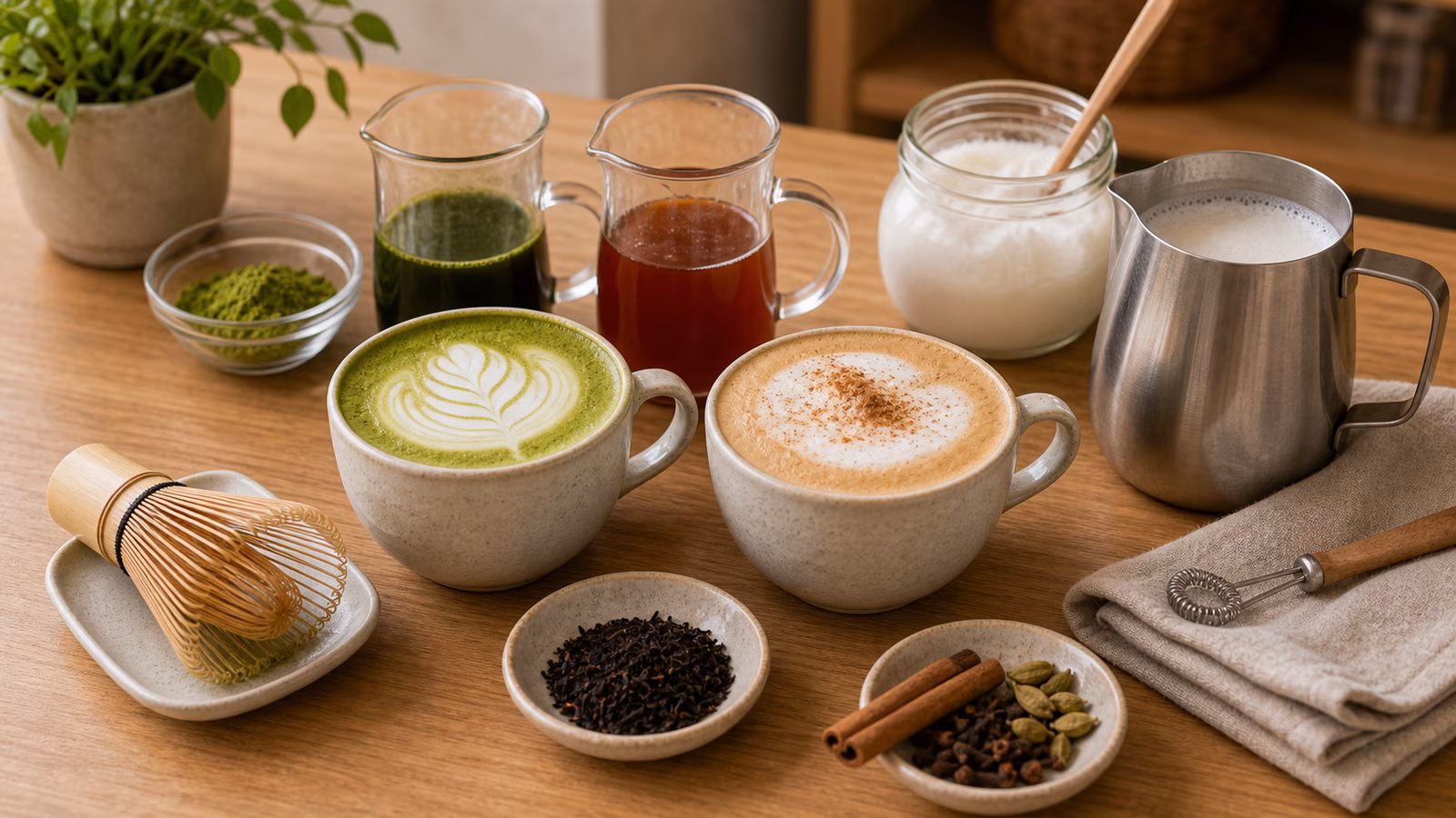 Matcha latte, black tea latte, milk pitcher, tea concentrate, foam, and spices on a counter.