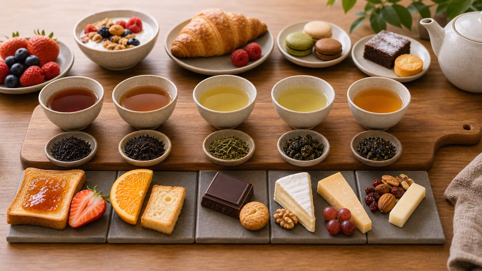 Tea pairing board with cups, toast, fruit, chocolate, cheese, nuts, and pastries.