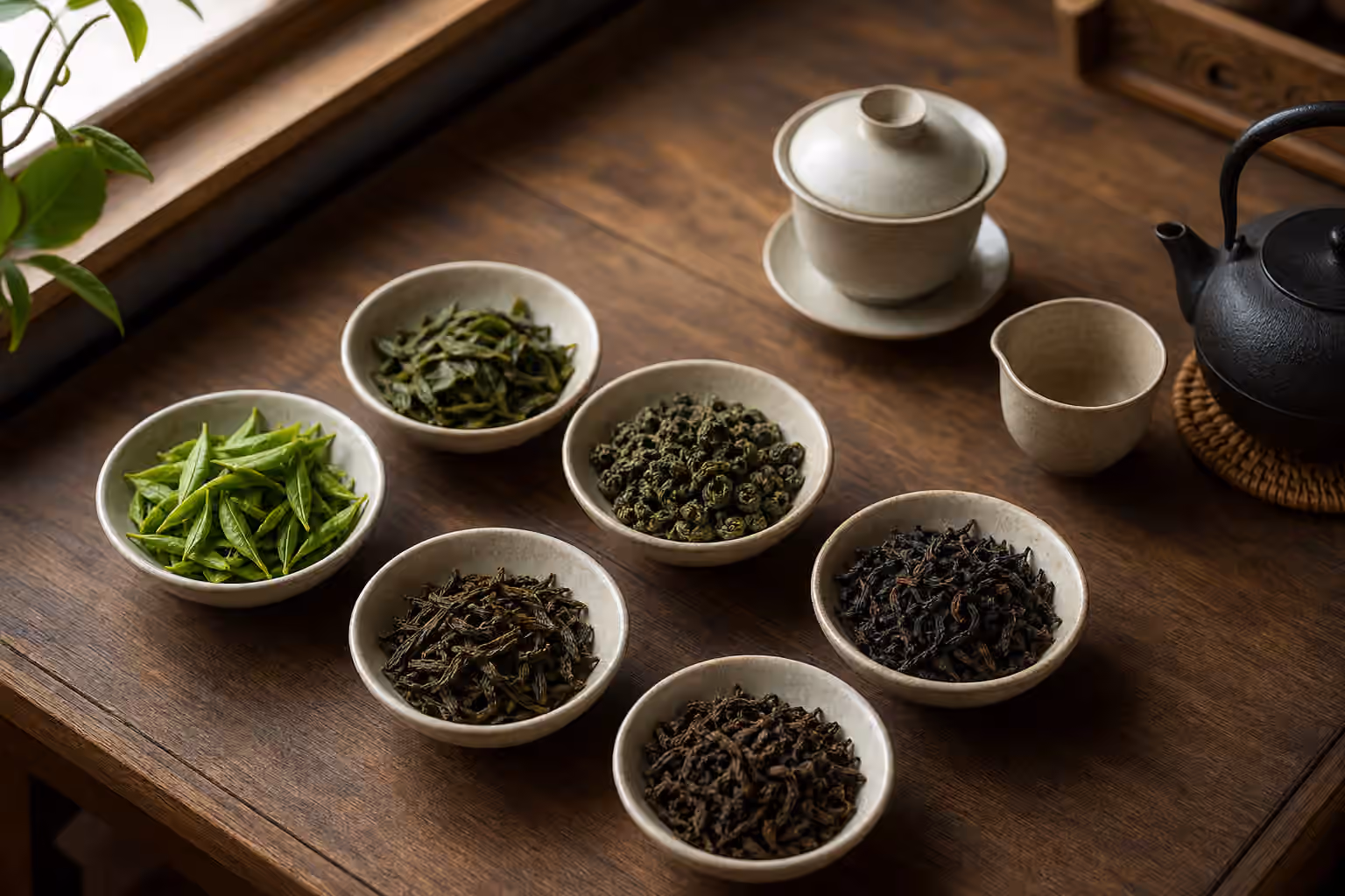 Bowls of tea leaves at different processing stages beside a gaiwan and kettle.