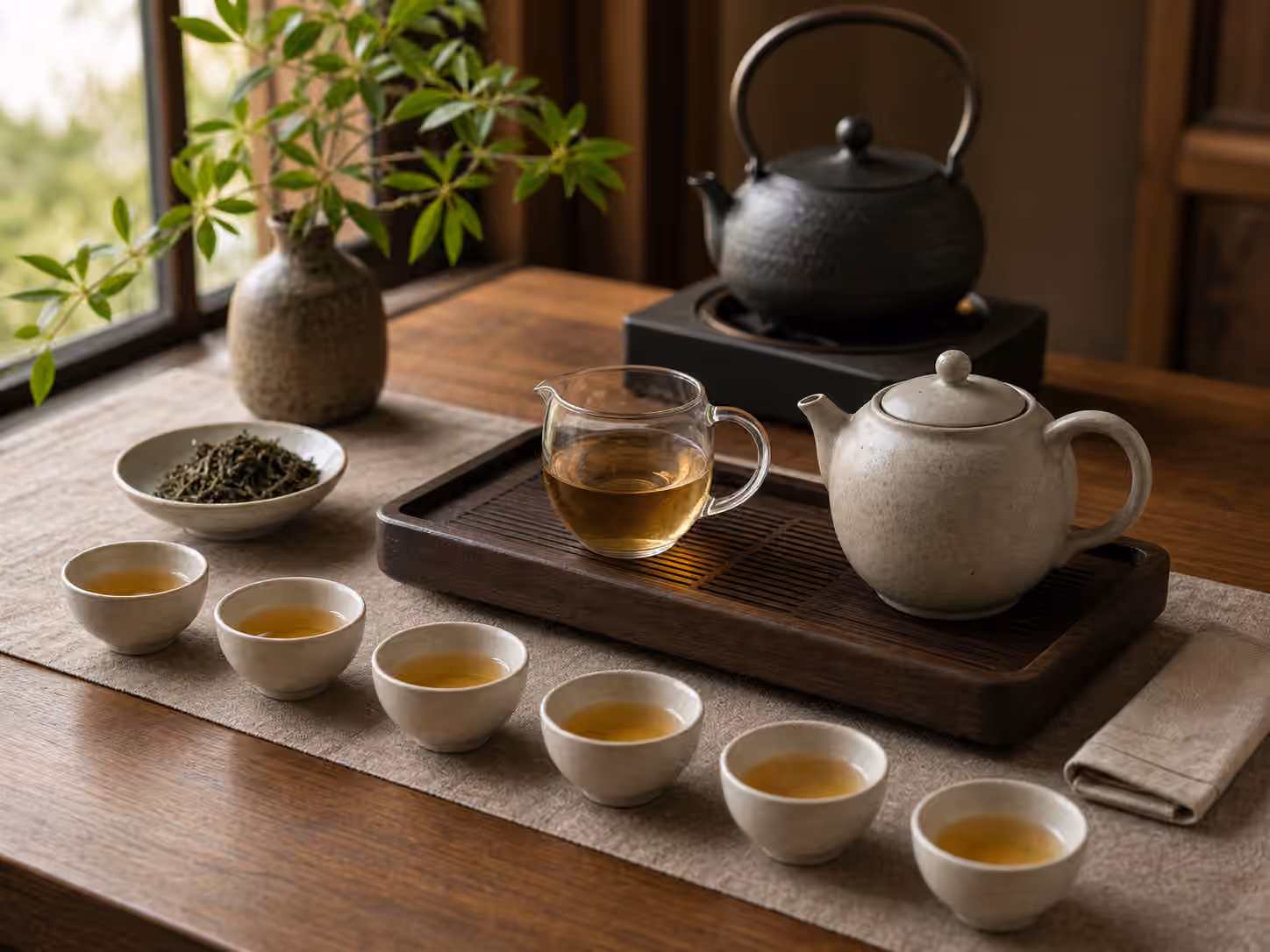 A teapot, sharing pitcher, loose tea, kettle, and several guest cups arranged on a wooden tea table.