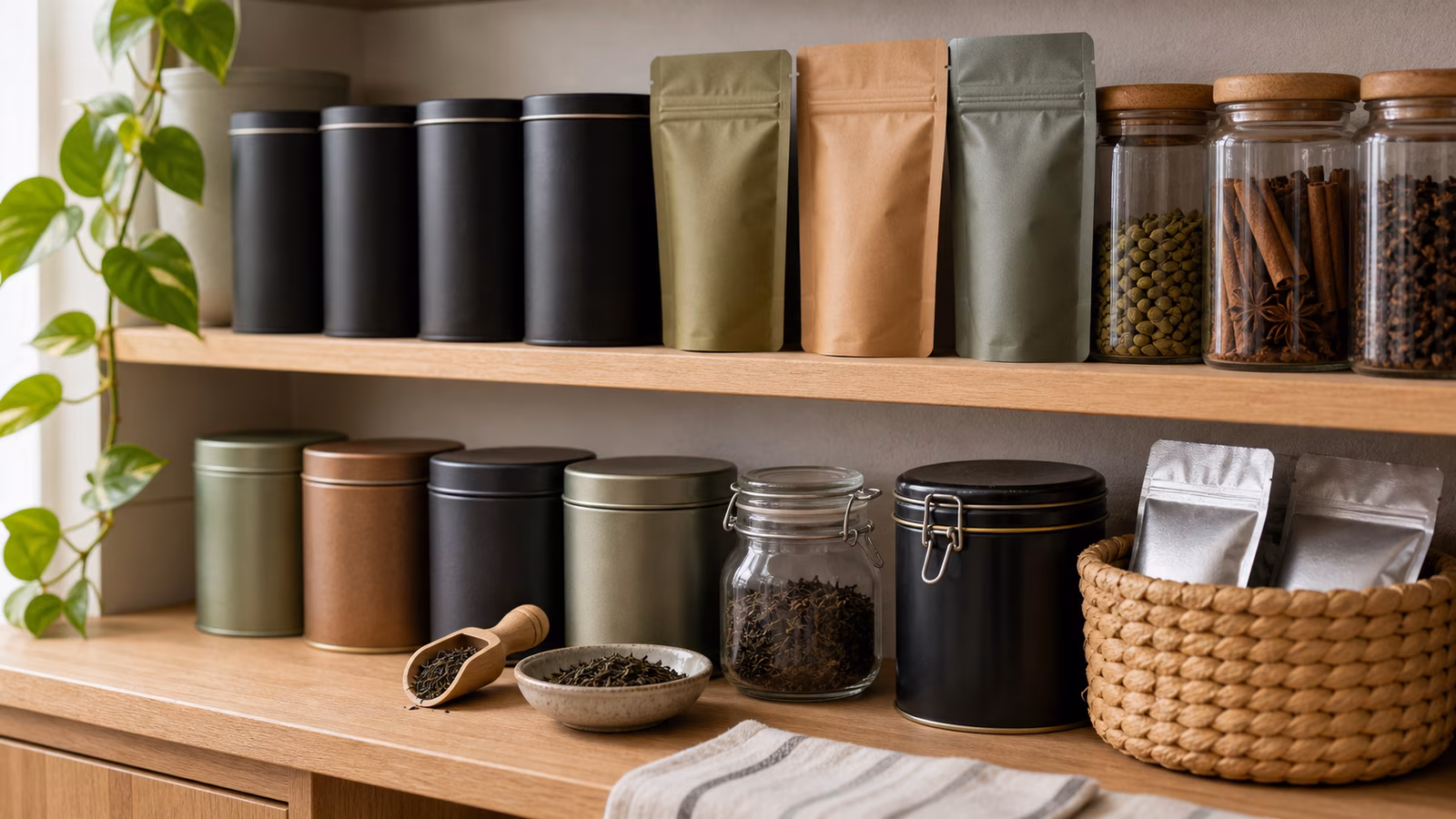 Pantry shelf with airtight tea tins, pouches, scoop, light-blocking containers, and dry leaves.