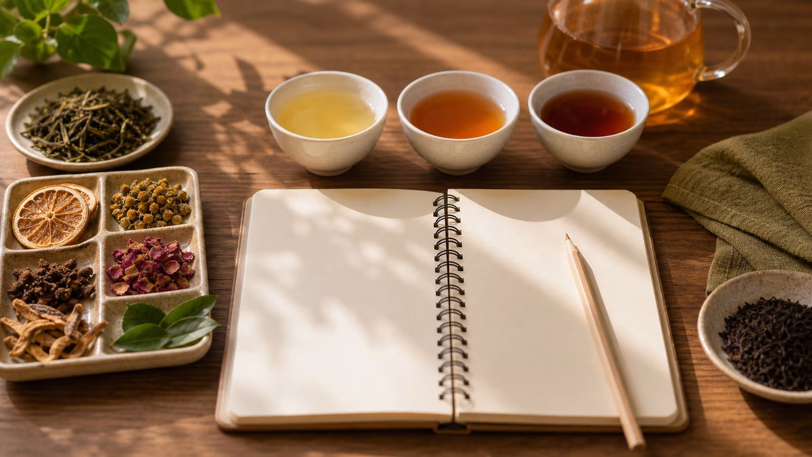 Tea cups, dry leaves, aroma references, blank notebook, and pencil on a wooden table.