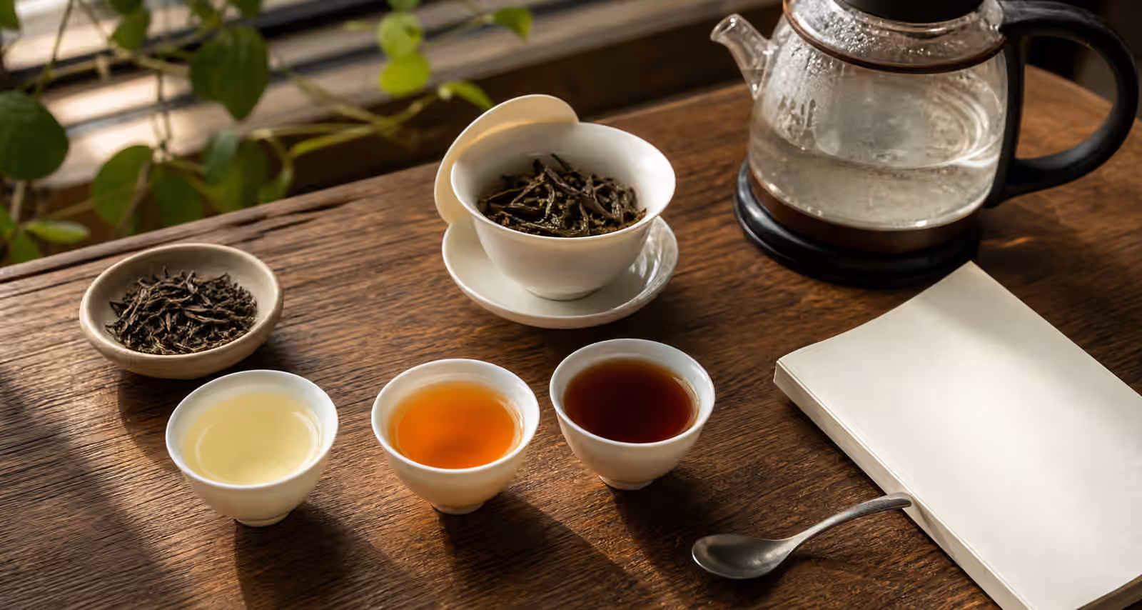 Three cups of tea at different strengths beside a gaiwan, kettle, and blank notebook.