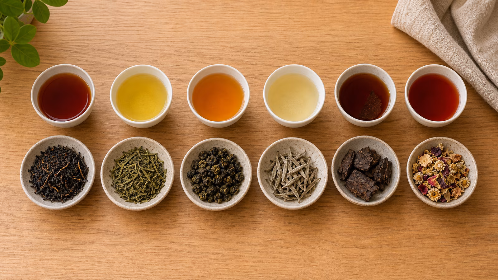 Six tea cups and dry leaf bowls arranged by black, green, oolong, white, dark, and herbal styles.