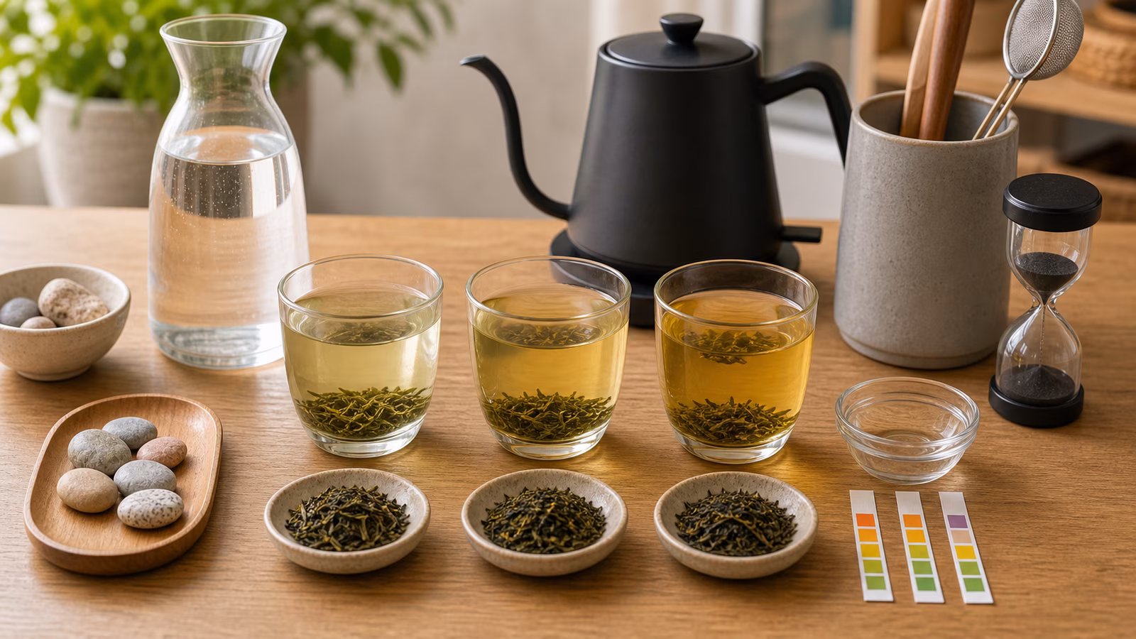 Tea leaves steeped in cups with water carafe, mineral stones, kettle, and test strips.