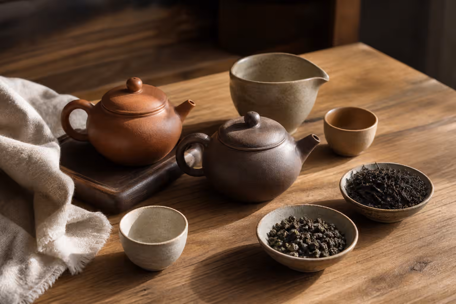 Unglazed clay teapots with cups, a fairness pitcher, tea leaves, and a cloth.
