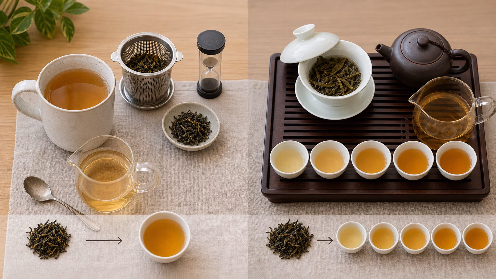 Large mug and infuser beside gongfu tray, gaiwan, small cups, and shared loose tea.