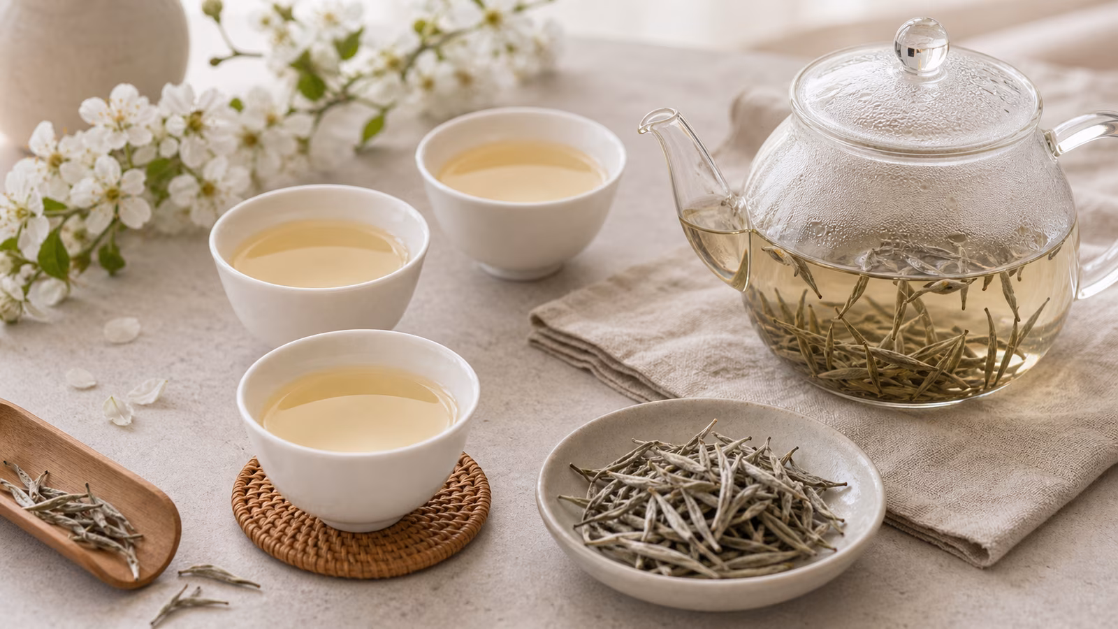 White tea buds, glass teapot, pale cups, linen cloth, and blossoms in soft morning light.