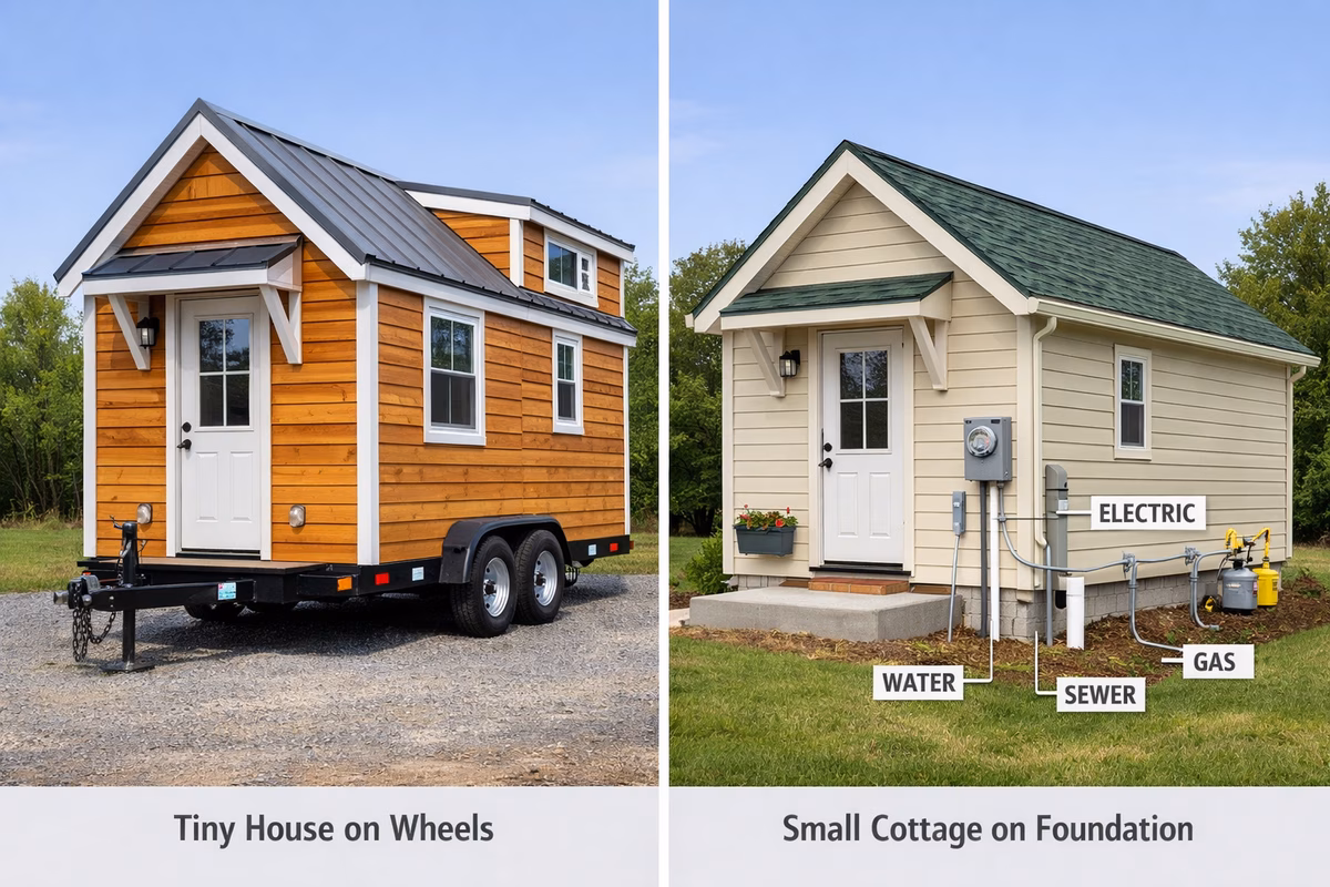 Side-by-side comparison scene: left a tiny house on a trailer with visible axles and hitch, right a small cottage on a slab foundation with utility hookups, matched camera angle, clean infographic-like composition, realistic photography
