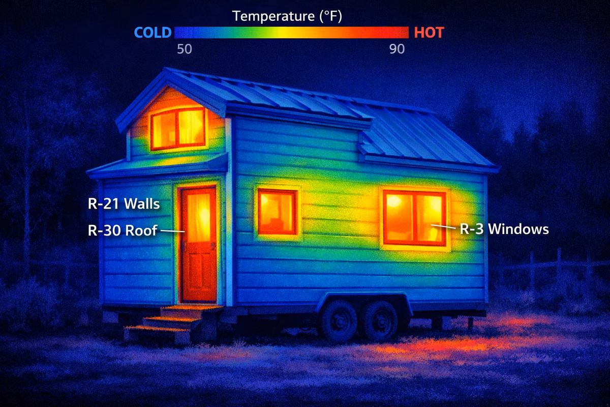 A tiny home thermal imaging setup with insulation notes, window drafts, compact HVAC tools, and a small-home comfort checklist
