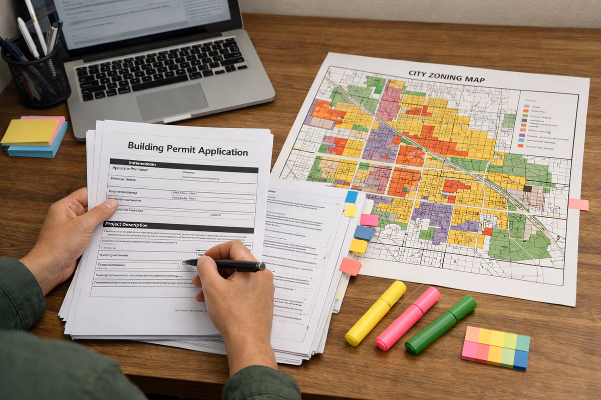 A person reviewing a building permit packet and zoning map at a desk with a laptop, highlighters and sticky tabs, tidy workspace, neutral lighting, realistic documentary photography