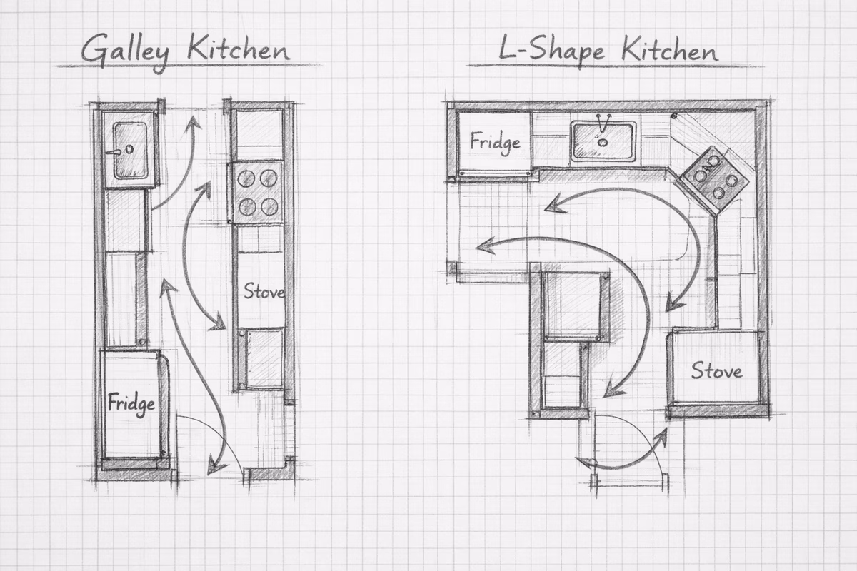 Detailed architectural sketch of two tiny home kitchen layouts: a Galley layout on the left and an L-shape layout on the right, with movement flow arrows drawn in pencil, top-down view on graph paper