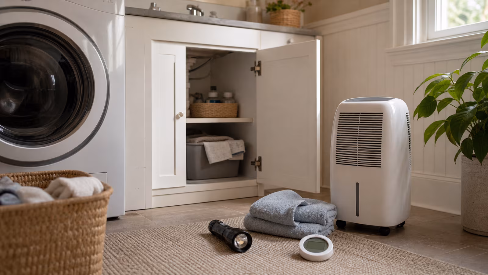 Moisture triage table with humidity gauge, flashlight, dehumidifier, towel, raised storage bin, and open closet.