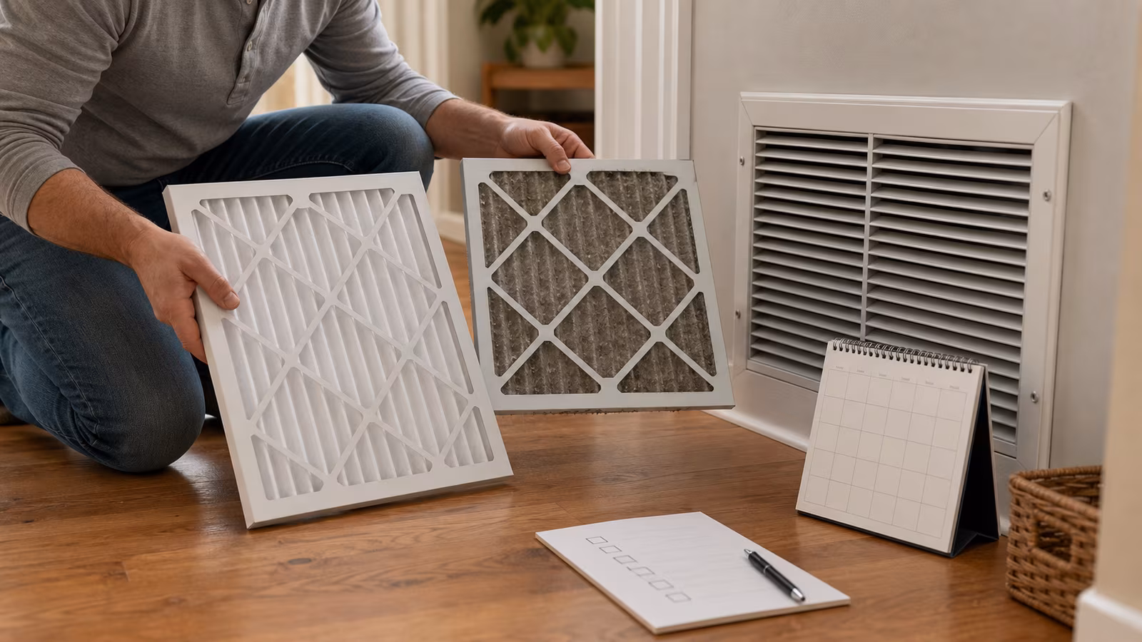 HVAC filter slot, pleated filter, flashlight, calendar, and return grille for filter checking.