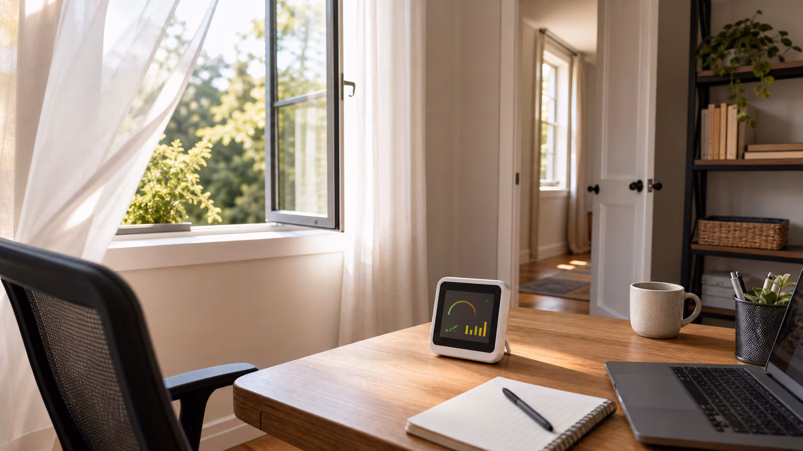 Home office with CO2 monitor, cracked door, openable window, desk fan, and purifier for ventilation planning.