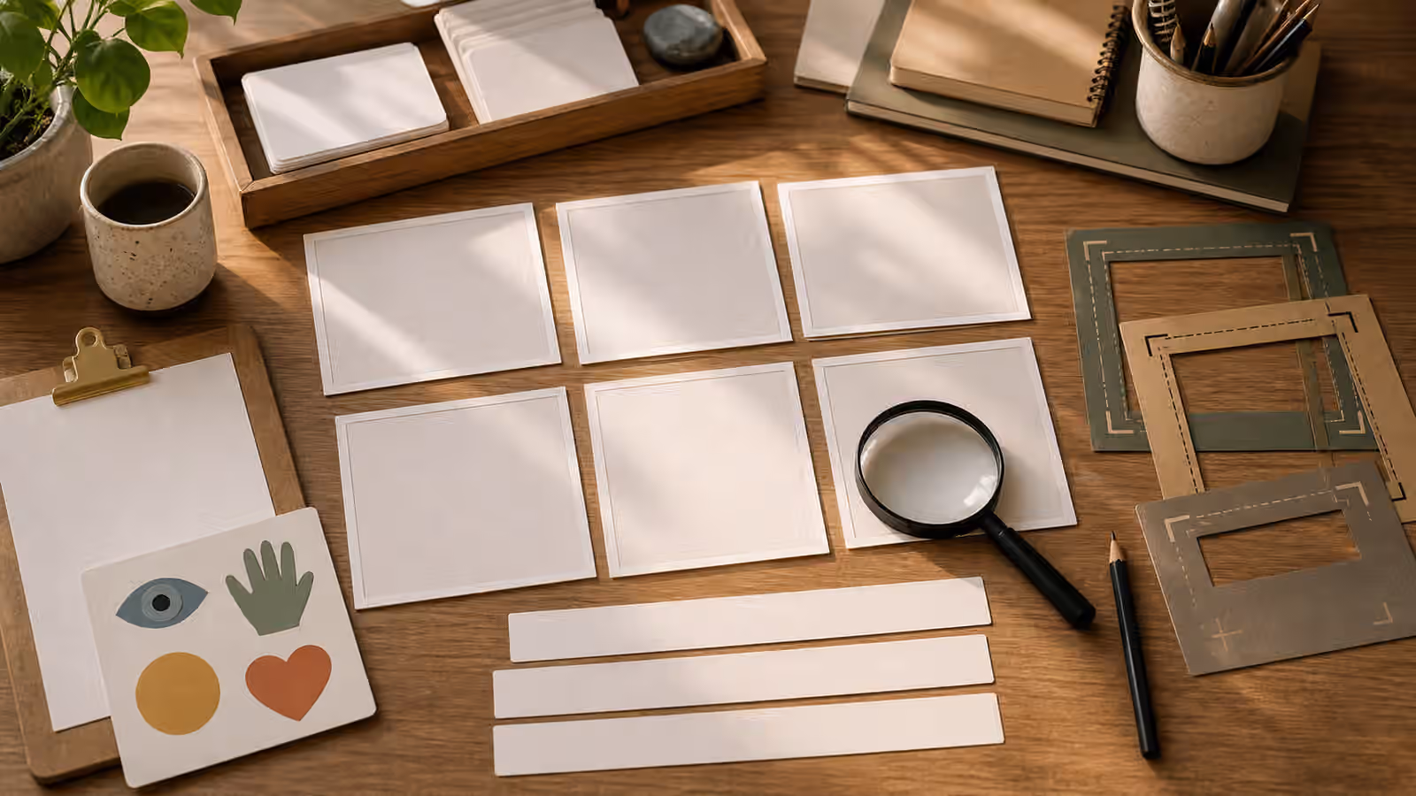 A creative review desk with blank image cards, a magnifier, and caption strips for describing generated images.