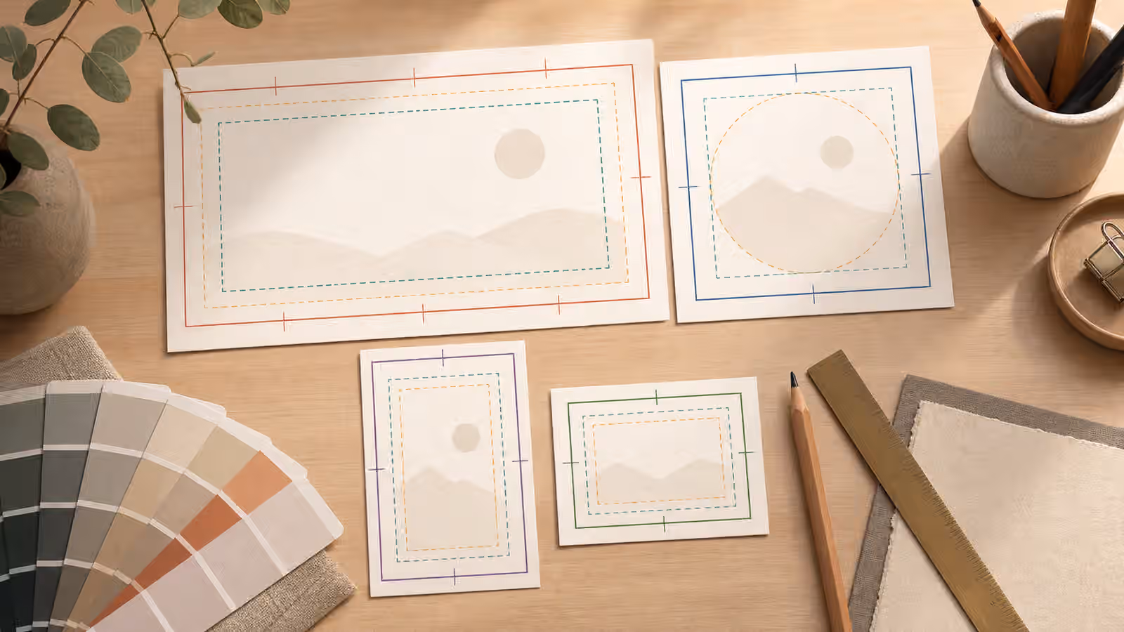 A desk with wide, square, vertical, and card crop frames around blank image scenes for responsive visual planning.