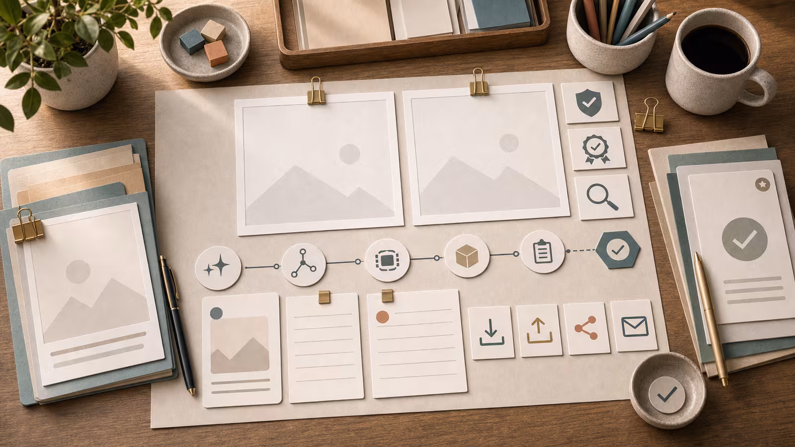 A publishing desk with blank image cards, provenance chain shapes, disclosure note cards, and export tiles for AI image publishing.