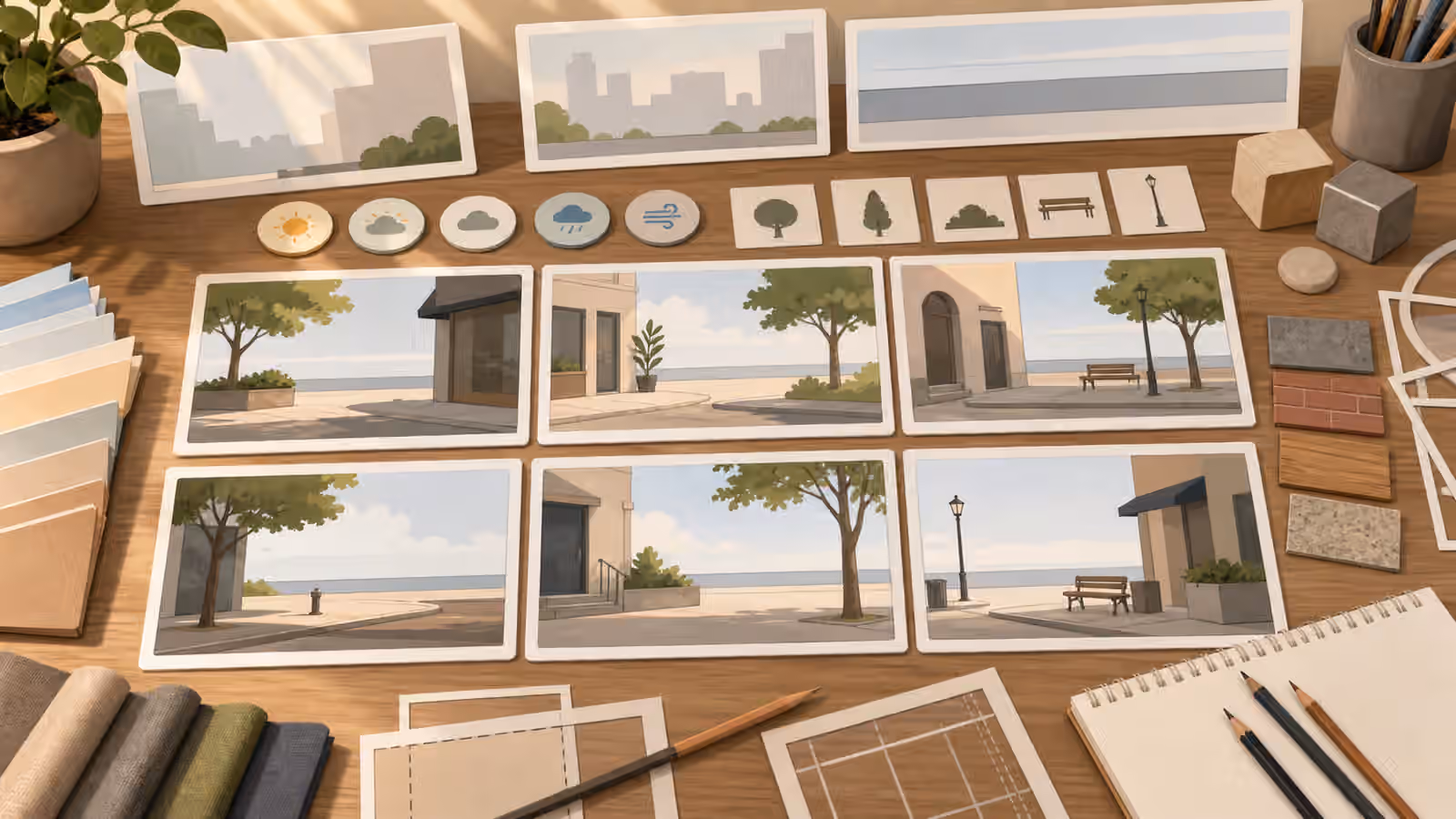 A planning desk with blank cards showing fictional streetscapes, trees, benches, and horizon guides.