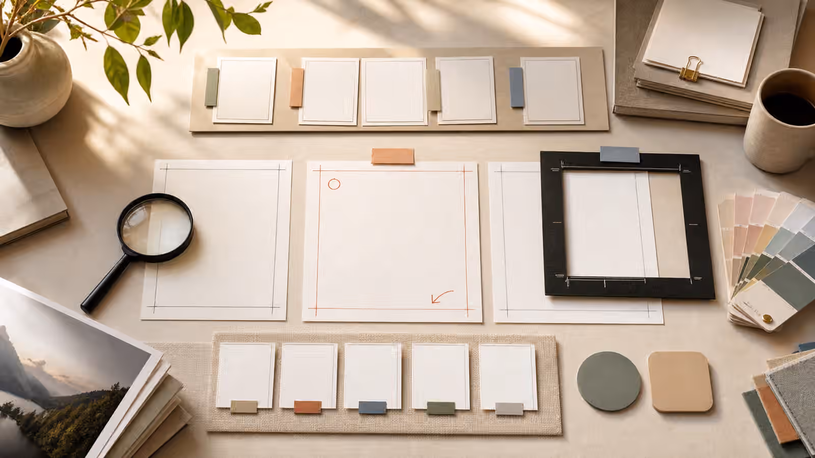 An editorial image review table with blank proof cards, revision markers, a magnifier, and crop frame.