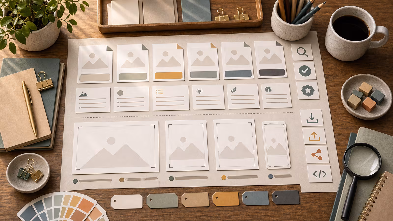 An image publishing checklist with blank filename tiles, alt-text cards, responsive image frames, and export shapes.