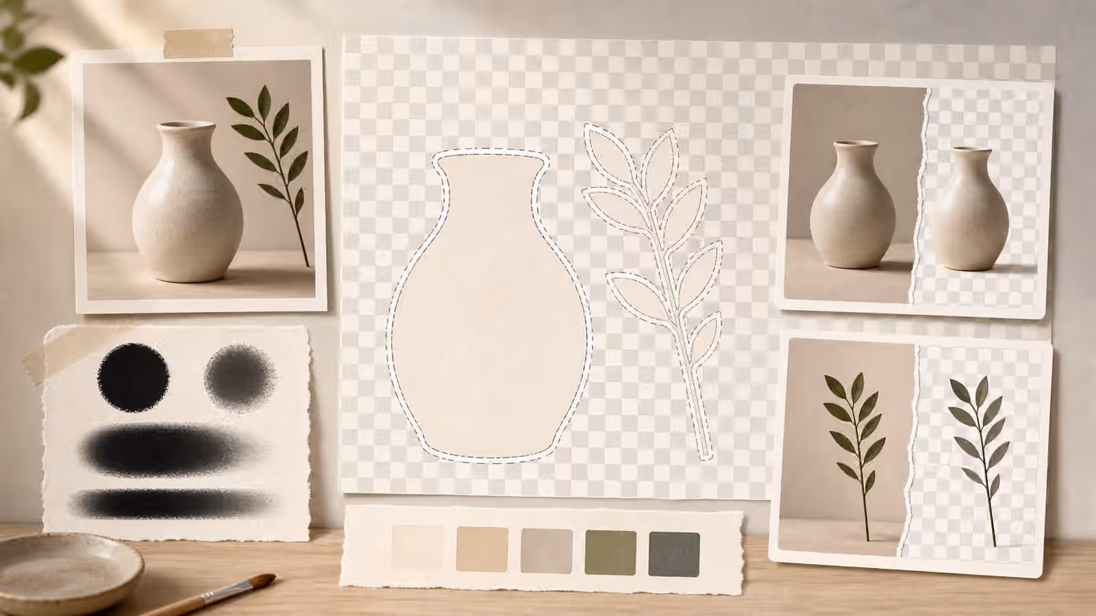 A cutout planning board with a vase and plant silhouette, mask edges, checkerboard transparency, and neutral color swatches.