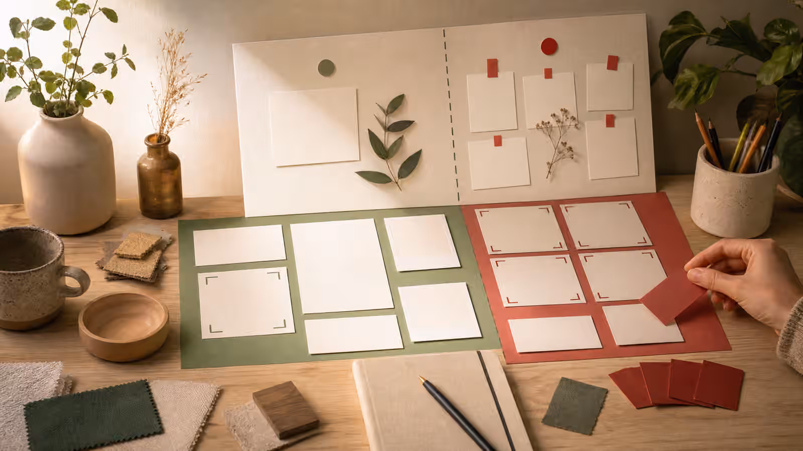A prompt review desk with blank image cards, crop frames, swatches, and red exclusion tabs for avoided elements.