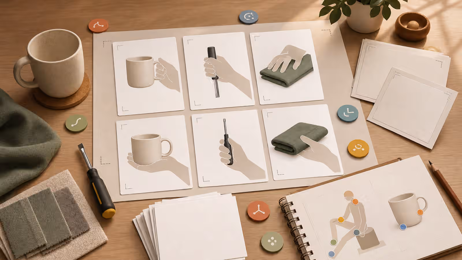 A desk with blank cards showing hands, mugs, tools, and cloth contact points.