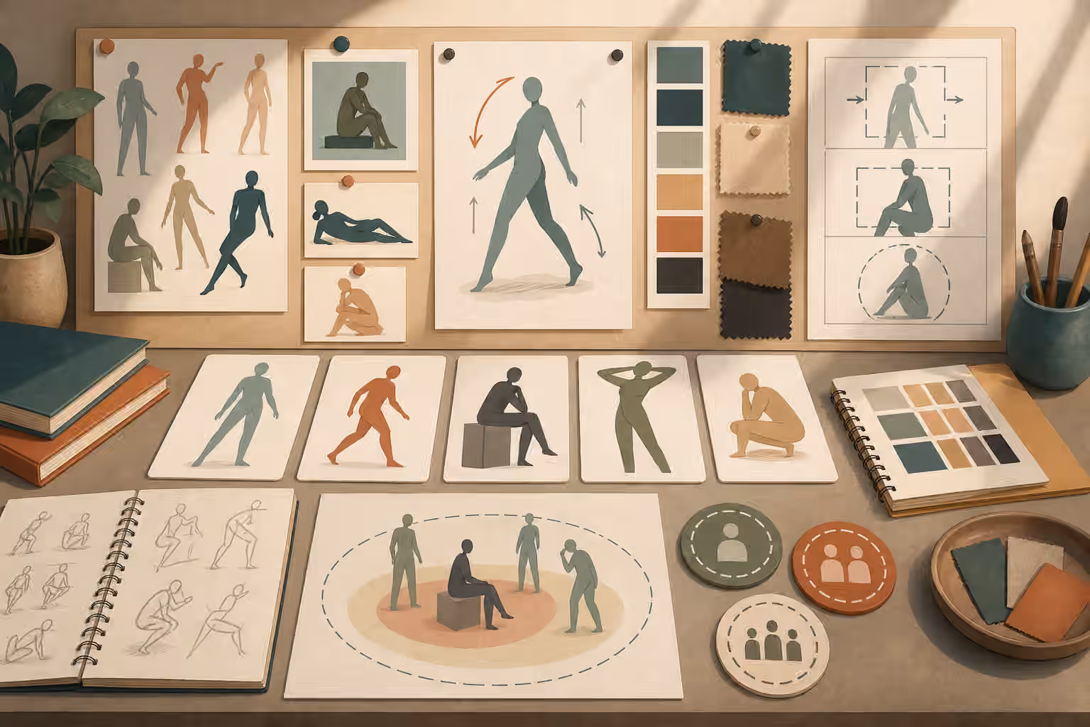 A pose planning board with faceless figure cards, gesture sketches, crop frames, and color swatches.