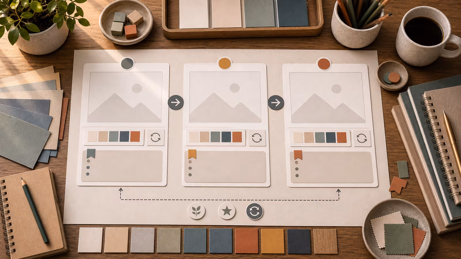 A prompt iteration notebook with blank version cards, image thumbnails, color swatches, and reusable note markers.