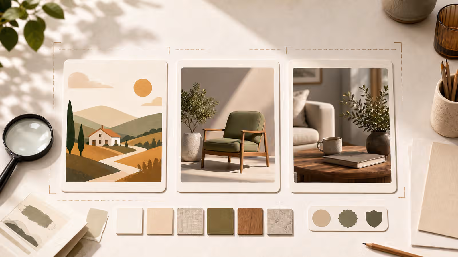 A review desk with three unlabeled image cards for illustration, render, and photo-like realism choices.