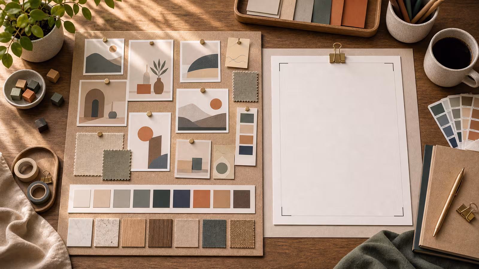 A mood-board desk with abstract reference cards feeding into color, lighting, and composition swatches for a new AI image brief.