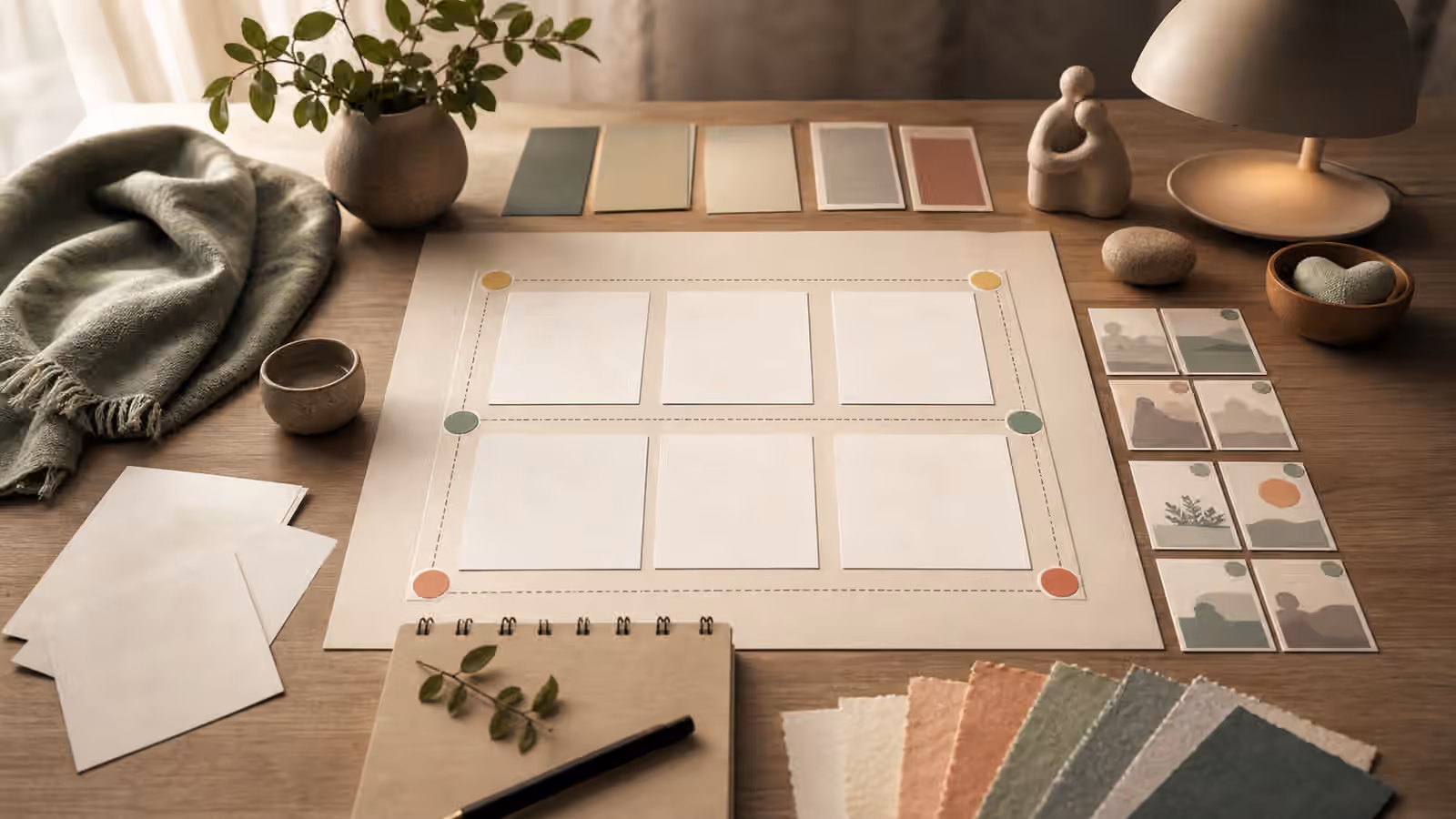A calm editorial planning desk with blank image cards, soft boundary markers, muted swatches, and gentle symbolic objects.