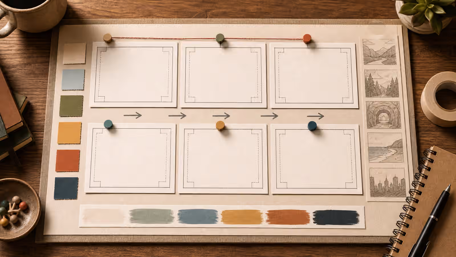 A storyboard planning board with blank frames, continuity pins, crop guides, and shared color swatches.