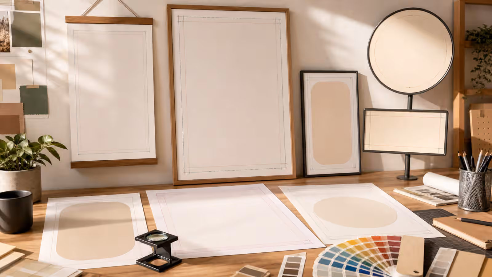 Blank poster frames and sign shapes arranged on a design desk with crop margins, color swatches, and a review loupe.