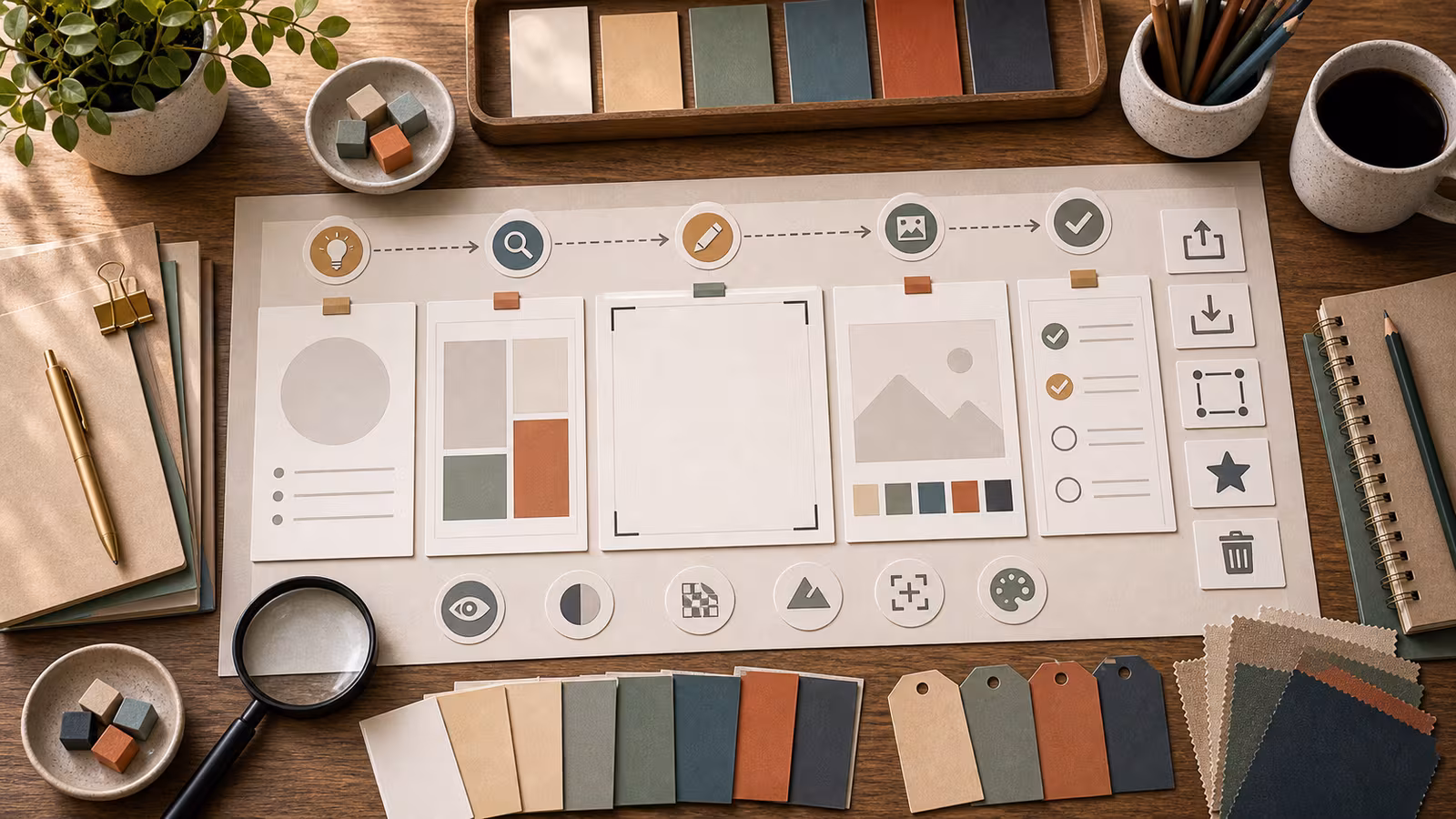 A clean creative desk with blank prompt cards, image frames, color swatches, and quality-check shapes for planning AI images.