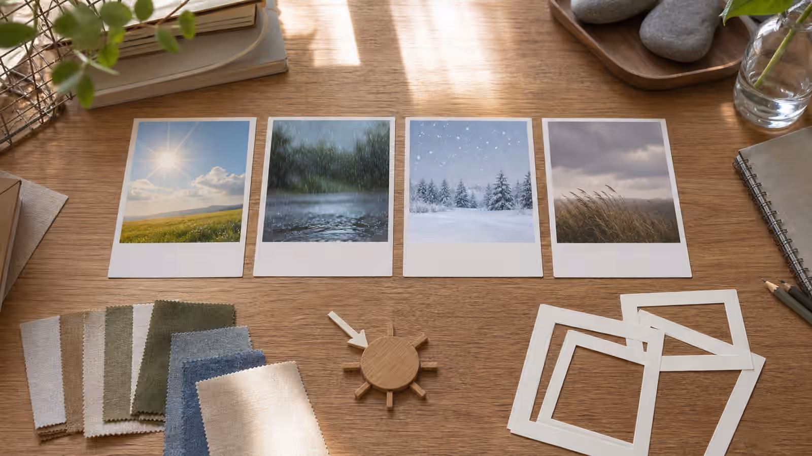 Four weather scene cards on a creative desk with fabric swatches, crop frames, and a light direction marker.