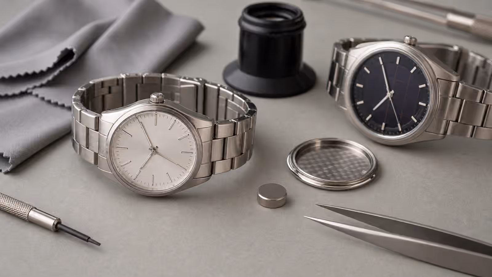 Unbranded quartz watches rest on a gray watchmaker bench beside a coin-cell battery, tweezers, loupe, and cloth.