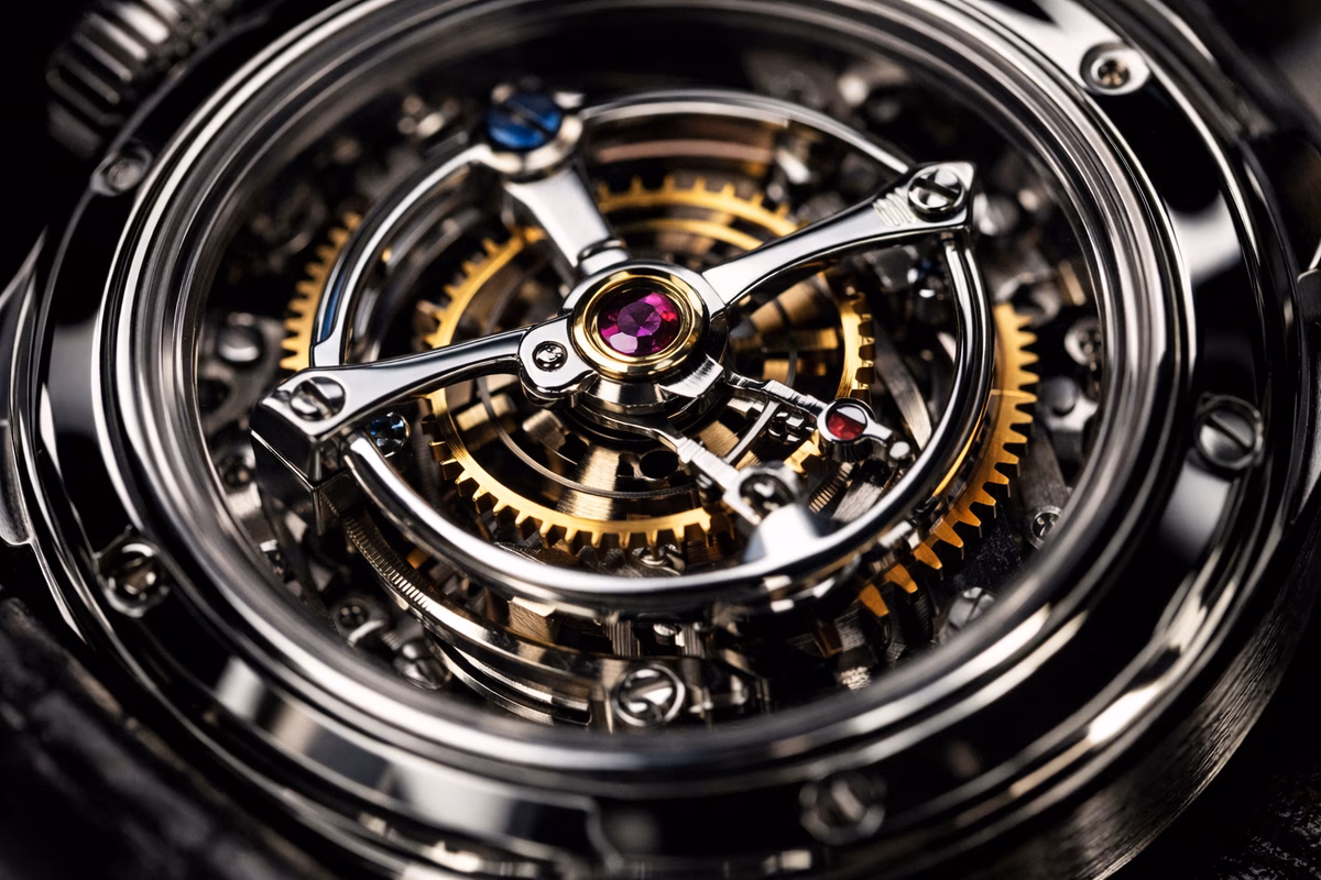 A mesmerizing close-up of a tourbillon mechanism in motion: the rotating cage with balance wheel and escapement visible through a sapphire caseback, intricate polished steel and gold components, dramatic dark background with focused illumination