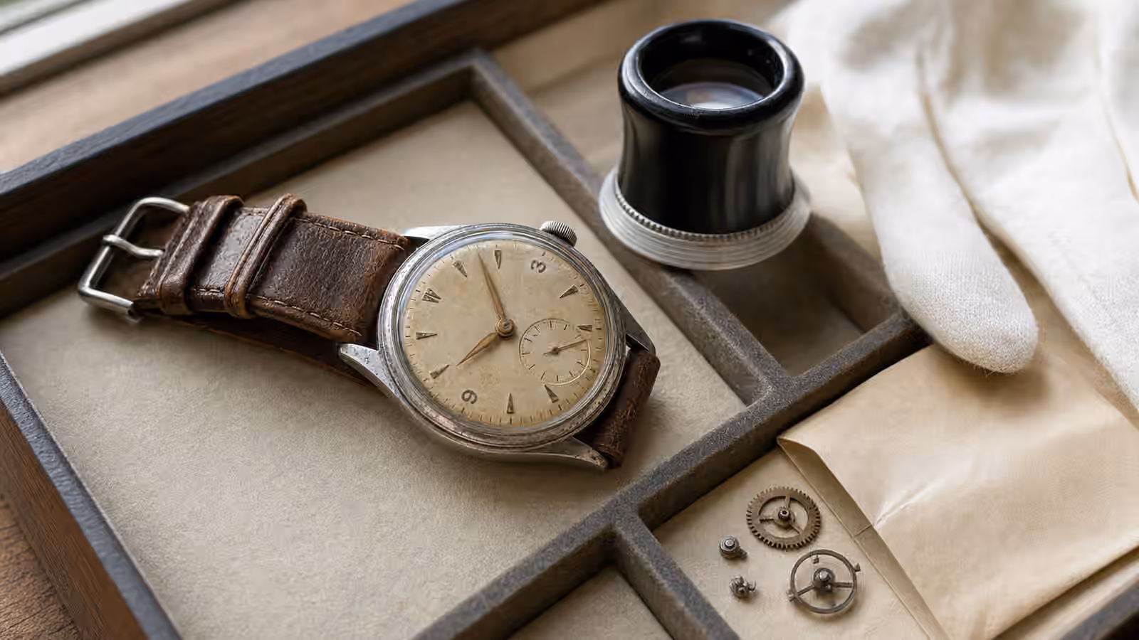An unbranded vintage-style watch with a cream dial rests beside cotton gloves, a loupe, and a blank parts envelope.