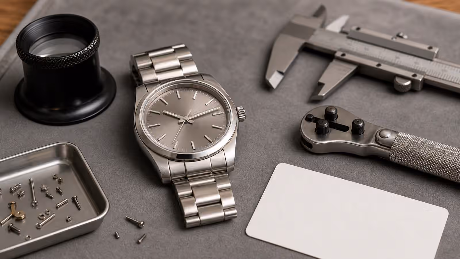 An unbranded stainless steel watch is inspected on a gray mat with a loupe, calipers, case tools, and a blank card nearby.
