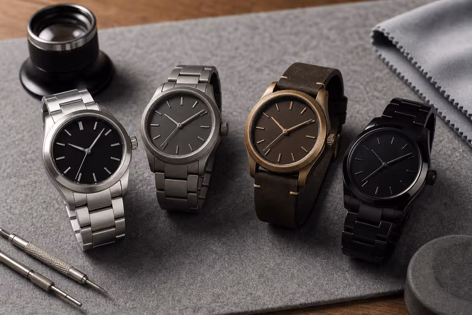 Unbranded watches in steel, titanium, bronze, and dark ceramic rest on a watchmaker bench beside a loupe and polishing cloth.